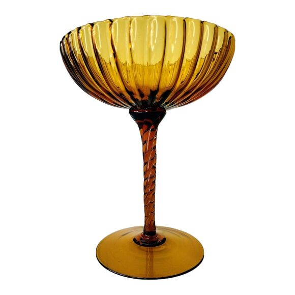 Vintage MCM Empoli Hand Blown Amber Glass Spiral Stem Ribbed Pedestal Candy Dish - Picture 4 of 7